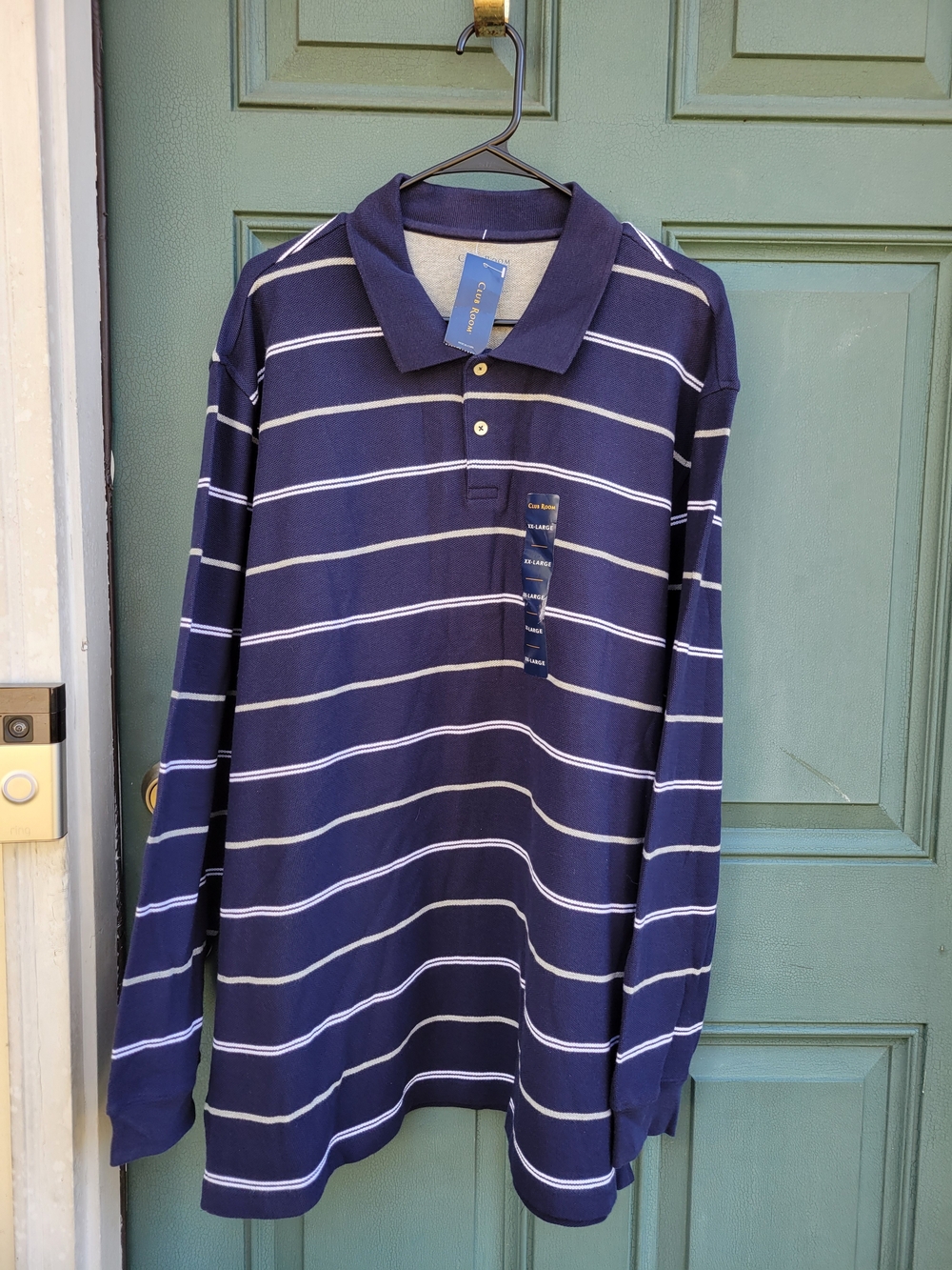 Club Room Men's XXL Long Sleeve Polo Navy Striped Pique 100% Cotton NWT